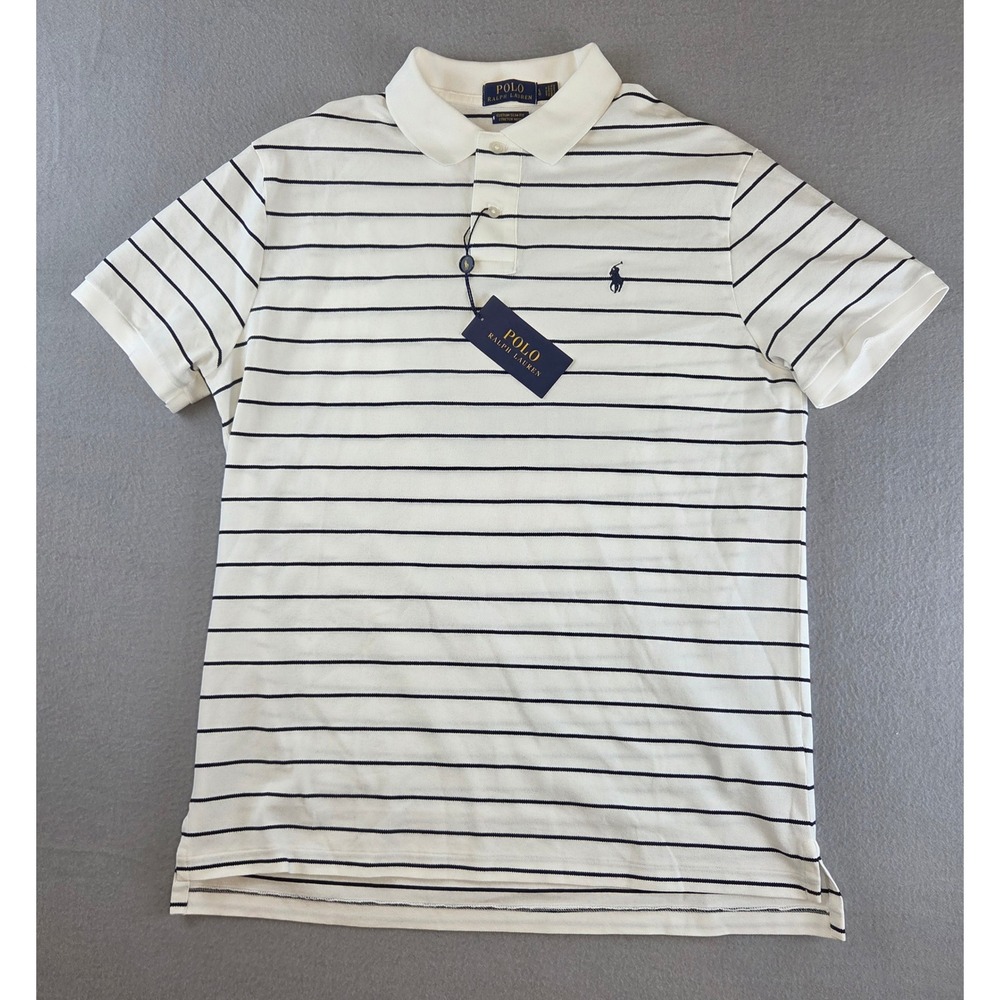New Polo Ralph Lauren Men's Custom Slim Fit Striped Polo Shirt Navy White Large